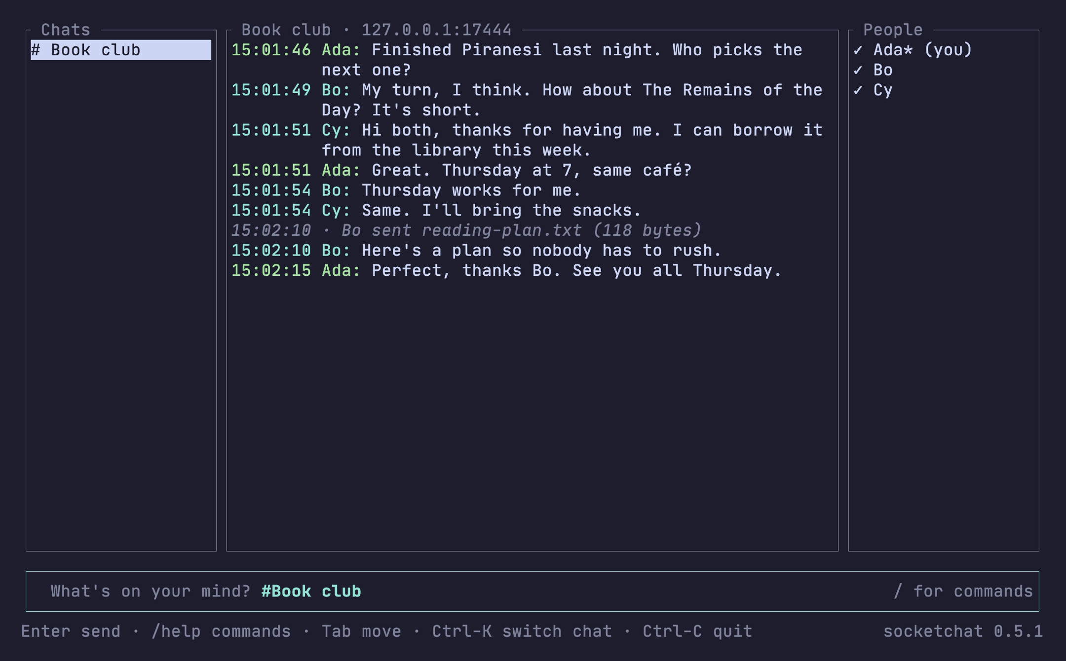 Socketchat in a terminal: a room called Book club with three people, Ada, Bo and Cy, planning a Thursday meeting.